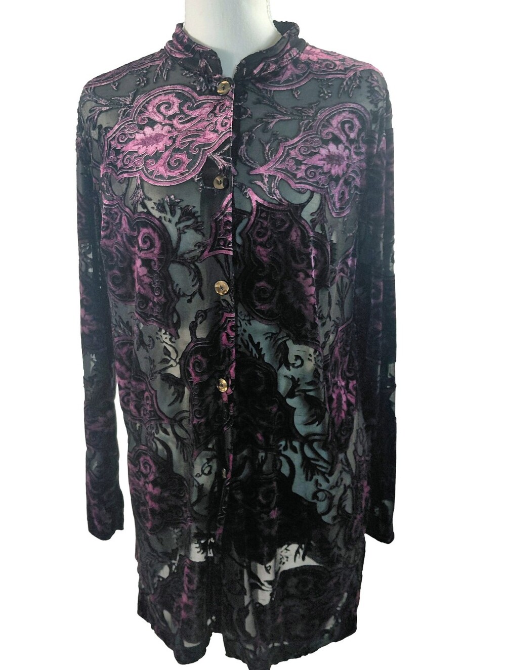 Sheer Velvet Whimsigoth Devore Long Blouse - Black & Deep Purple